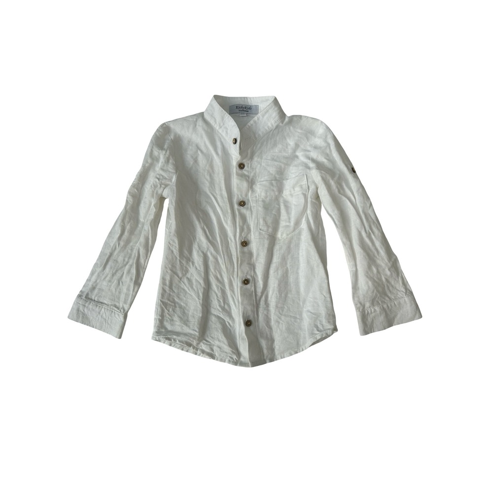 KichyKids White Linen Button Down Shirt Mandarin Collar Kids‎ Size 4-5Y
